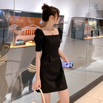 泡泡袖洋裝 新款韓版氣質洋裝緊身顯瘦一字領洋裝 簡約洋裝-衣美良品
