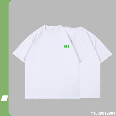 2023夏季歐美潮牌短袖T恤男250G重磅T恤小領口綠色Hi字母印花ins~特價