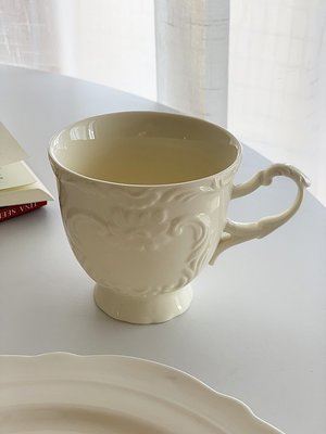 外貿出口 歐式輕奢復古奶油色浮雕陶瓷下午茶杯子咖啡杯