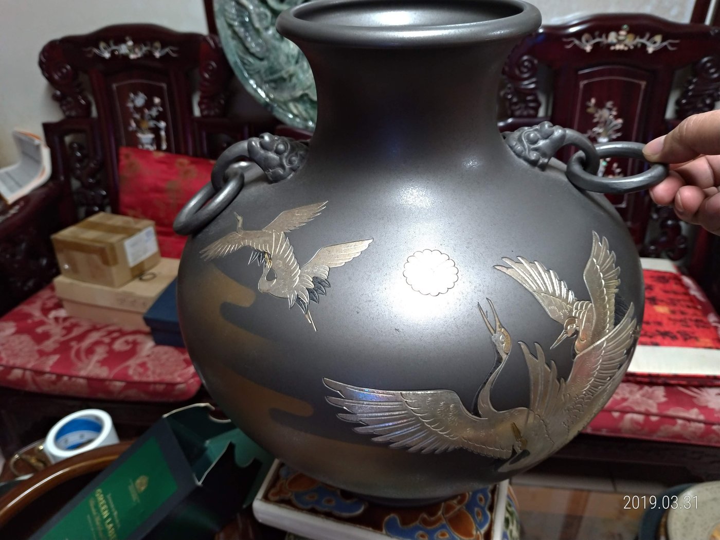 古董收藏古玩藝品/日本高岡銅器名家真峰作鶴青銅花瓶(日本花瓶器