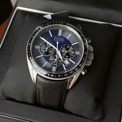 HUGO BOSS 藍色面錶盤 黑色皮革錶帶 石英 三眼計時 男士手錶 1513077
