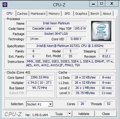 Intel Xeon Platinum (白金級) 8272CL 2.6GHz  26Core  35.75MB LGA3647 正式版伺服器CPU