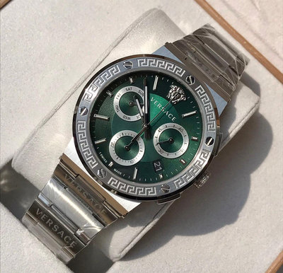 VERSACE Greca Logo Chrono 綠色面錶盤 銀色不鏽鋼錶帶 石英 男士手錶 VEZ900121