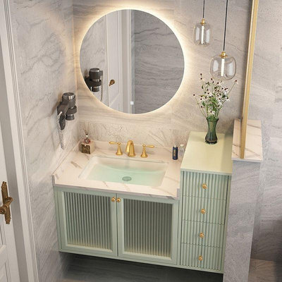 浴室柜組合實木高低北歐簡約現代洗臉盆橡木衛浴玻璃門