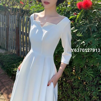 【熱賣精選】法式輕婚紗2022新款新娘結婚出門紗旅拍森系簡約緞面領證白色禮服