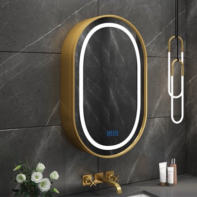 【熱賣精選】 LED智能浴室鏡柜實木橢圓形衛生間壁掛圓鏡子帶燈掛墻式梳妝鏡柜