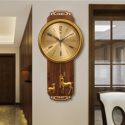熱銷 歐式復古實木掛鐘客廳家用時尚實木搖擺鐘表中美式現代簡約石英鐘可開發票