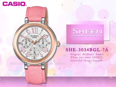 CASIO 手錶專賣店 國隆 CASIO SHEEN_ SHE-3034BGL-7A_玫瑰金_施華洛世奇_三眼_女錶