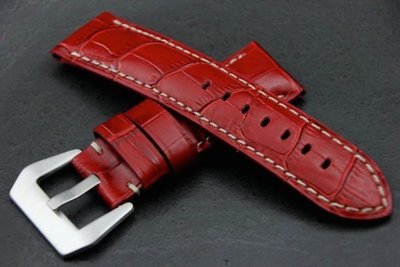 24mm收22mm沛納海的新衣banda紅色高質感可替代panerai原廠錶帶之鱷魚皮紋真牛皮錶帶白線