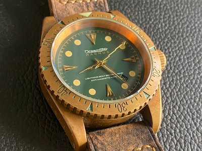 自用優惠出！！Dreamstar 青銅錶 45mm eta 2836機芯 藍寶石玻璃 綠面 潛水錶 超級夜光，已經養的很漂亮的銅