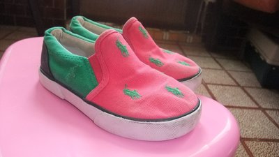 【異國滿屋】Polo Ralph Lauren 桃紅色+綠色 刺繡低筒套入式帆布鞋/懶人鞋（二手16公分）女童鞋