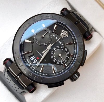 VERSACE AION 黑色錶盤 黑色皮革錶帶 石英  雙眼計時 男士手錶 VBR030017 (VE1D01420)