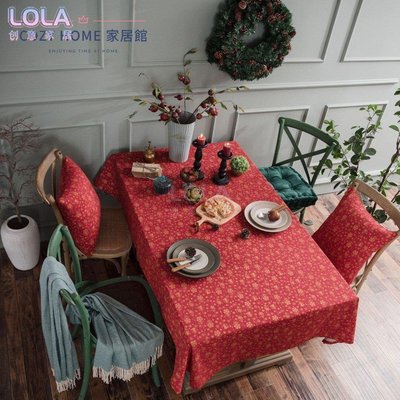 「COZY HOME」氛圍感桌布 聖誕主題紅色 綠色燙金桌布風鈴 印花棉麻節日餐桌布 長方形茶幾蓋布 裝潢軟裝 檯布-LOLA創意家居