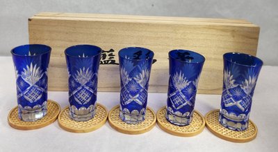 【日本古漾】541002 日本帶回 江戶 切子 藍彩華 玻璃杯+杯墊 5個組  盒附 未使用保管品