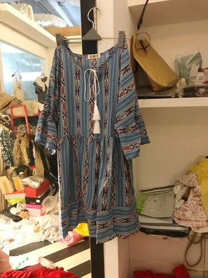 [ ohya梨花 ] 春夏名媛性感甜美穿搭藍色綁帶民族風圖騰連身裙小洋裝只有ㄧ件原$1200出清特$500