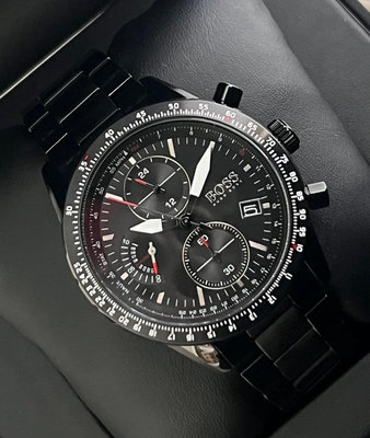 HUGO BOSS Pilot Edition 黑色面錶盤 黑色不鏽鋼錶帶 石英 三眼計時 男士手錶1513854