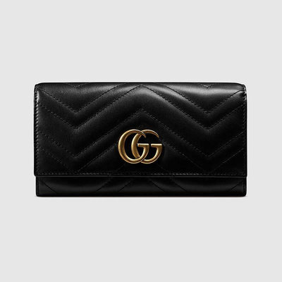 GUCCI Marmont 黑 牛皮 LOGO 信封式 掀蓋 12卡 長夾 443436 現貨