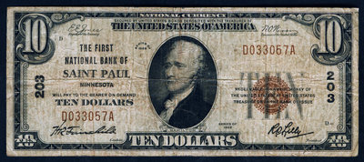 【鑒 寶】（外幣收藏） 美國 1929年版10美元 國民銀行券 (聖保羅第一銀行)7成左右品相！ MYZ522