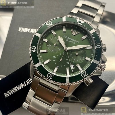 ARMANI手錶,編號AR00021,44mm銀圓形精鋼錶殼,墨綠色三眼, 中三針顯示, 水鬼錶面,銀色精鋼錶帶款