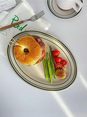 ins博主綠線餐盤韓國陶瓷復古橢圓西餐盤早餐盤魚盤