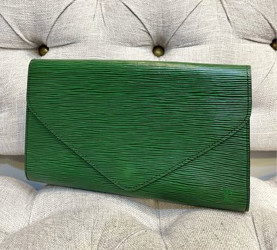 LV 二手真品 vintage 古董 綠色 EPI 水波紋 翻蓋 手拿包