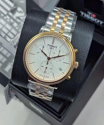 TISSOT Carson Premium 白色面錶盤 玫瑰金色配銀色不鏽鋼錶帶 石英 三眼計時 男士手錶 T1224172201100