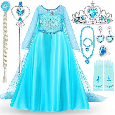 冰雪奇緣愛莎公主兒童公主裙皇冠魔法棒手套項鏈耳環戒指頭發套裝