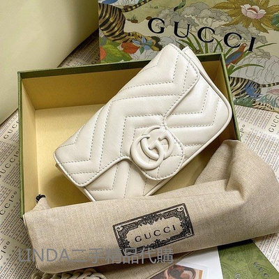 LINDA二手精品代購 Gucci 古馳GG Marmont 白色V型絎縫皮革腰包 單肩包 鏈帶包 手幾包 699757