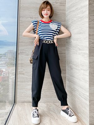 TANG KOREA時髦洋氣鏈條裝飾高腰顯瘦對稱口袋束腳褲