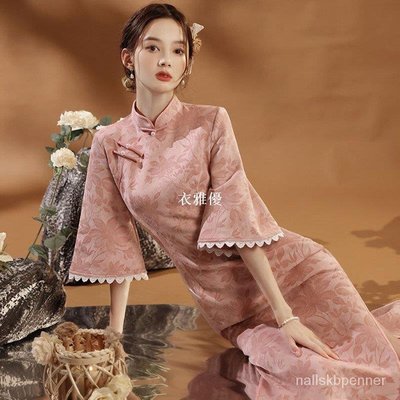 �� �� �� 粉色復古優雅女修身旗袍現代民族風女裝傳統漢服2022