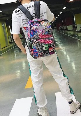 FINDSENSE X 韓國 男女情侶款 流行時尚 大容量 嘻哈塗鴉圖案 旅行包 電腦包 雙肩包 後背包