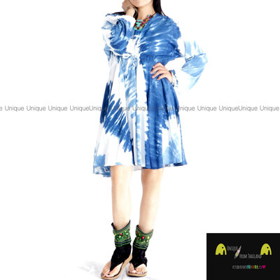 Unic＠泰國進口洋裝TD391『只有一件＿藍染100%純棉V領＿長袖洋裝＿高腰拉繩傘擺洋裝』異國風 超顯瘦