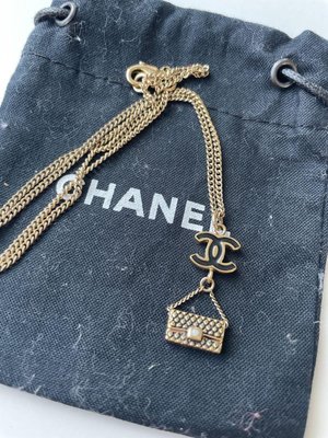 Chanel vintage香奈兒復古經典菱格紋黑金coco鏈子包珍珠造形古董項鍊 項鏈