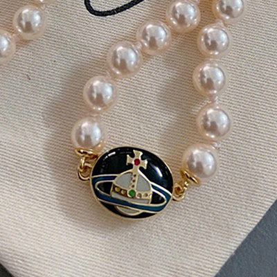 【現貨】法國代購Vivienne Westwood薇薇安西太后土星搪瓷珍珠項鏈吊墜女