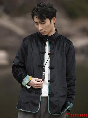 【熱賣精選】2022秋冬中國風男裝麗絲絨撞色中式唐裝漢服外套