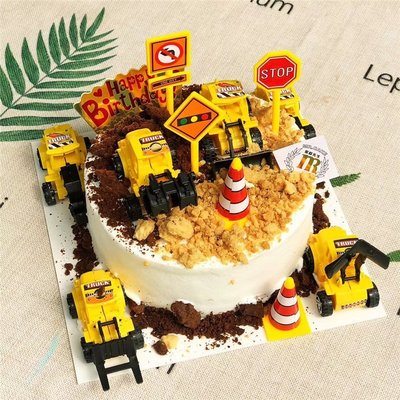 下殺 (null)烘焙蛋糕裝飾 挖土機挖掘機工程車蛋糕擺件 路標交通指示牌插件