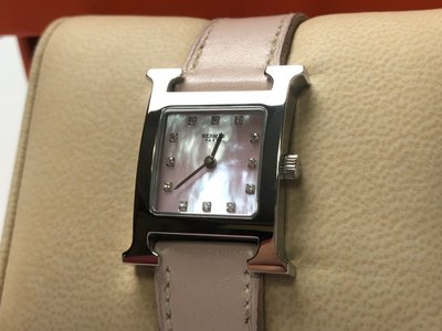 Hermes H-hour 淺粉色 珍珠母貝 12點鑽 腕錶
