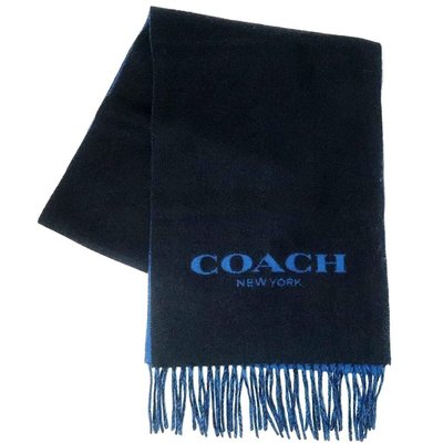 【美麗小舖】COACH 76053 海軍藍/寶藍雙色 經典徽標 純羊毛 圍巾 流蘇圍巾-全新真品現貨在台