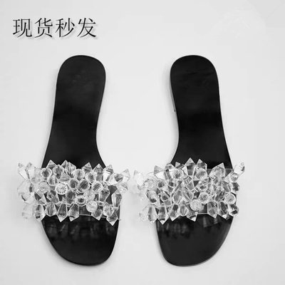 下殺 歐美夏季ZA新款女鞋透明色串珠鑲飾透明平底涼鞋外穿仙女氣質拖鞋