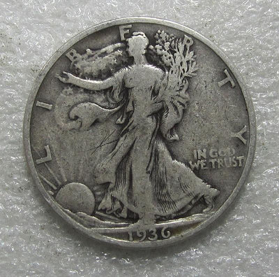 美國1936年S版行走女神半美元銀幣，含銀90%，重12.5