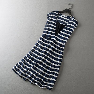 JISHIGOU藍色條紋連身裙 無袖洋裝 連身洋裝-XL