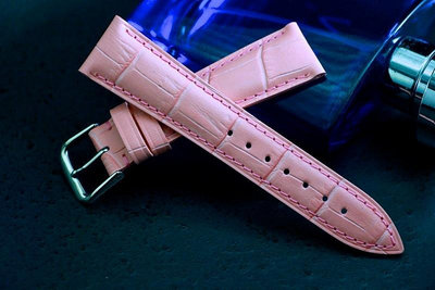 進口皮料19mm收16mm 高級感！真皮壓鱷魚皮紋錶帶,armani蕭邦chopard錶happy sport-pink