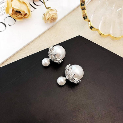 【韓飾】S925純銀🌸一款兩戴雙面珍珠鏤空閃鑽耳環