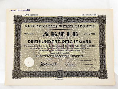 1927年德國利格尼茨電力公司行的300馬克債券 已經注銷 錢幣 紙幣 紙鈔【悠然居】1225