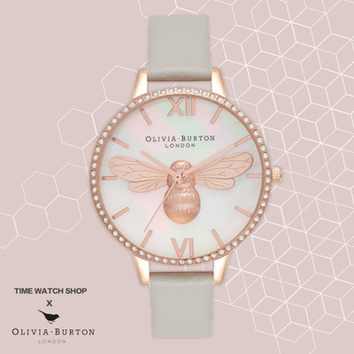 【時光鐘錶公司】Olivia Burton OB16BB17 玫瑰金鑽殼母貝面3D蜜蜂淺灰皮帶腕錶 手錶 生日禮物