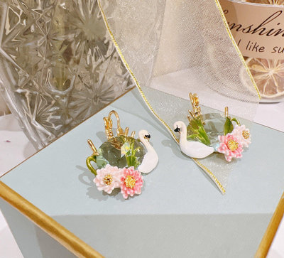 【小鹿甄選】法國Les Nereides 琺瑯首飾品 白天鵝 兩朵粉色蓮花