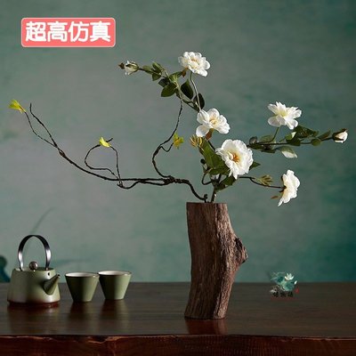 梔子花仿真花木頭花瓶古風擺件中國風裝飾禪意藝術插花~特價#促銷 #現貨