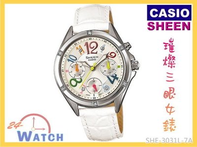 SHE-3031L-7A 皮帶款彩字SHE-3031《台灣CASIO公司貨》SHEEN三眼LED照明女錶24-Watch