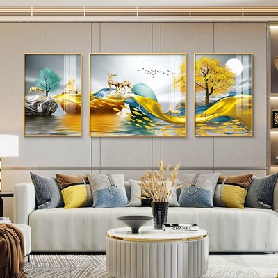 現貨熱銷-客廳裝飾畫現代簡約沙發背景墻掛畫金色石頭山水畫發財樹麋鹿壁畫