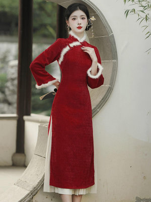新中式改良紅色旗袍水貂絨連衣裙女冬季新年國風伴娘訂婚禮服長裙_佳美優品